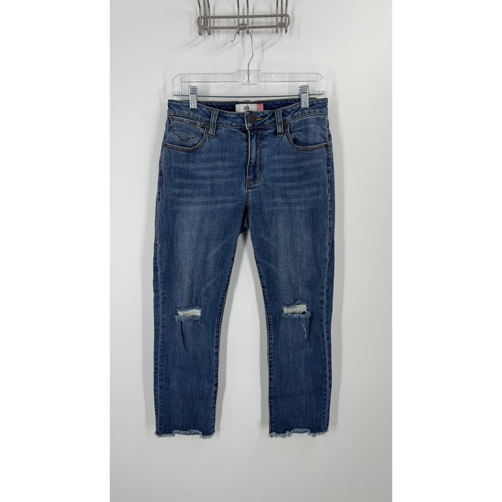 Cabi Distressed Jeans Women 4 Blue Cropped High Straight Raw Hem Stretch